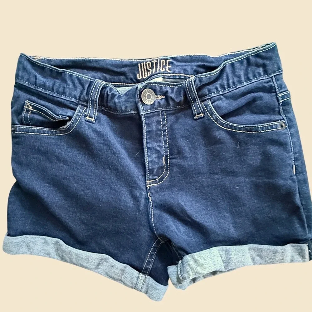 Justice Girls‎ Denim Shorts Dark Wash Cuffed Hem Blue Size 14 0176